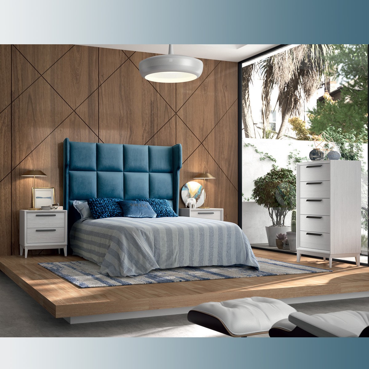 Dormitorio en madera maciza, cabecero tapizado velvet, ideas para tu